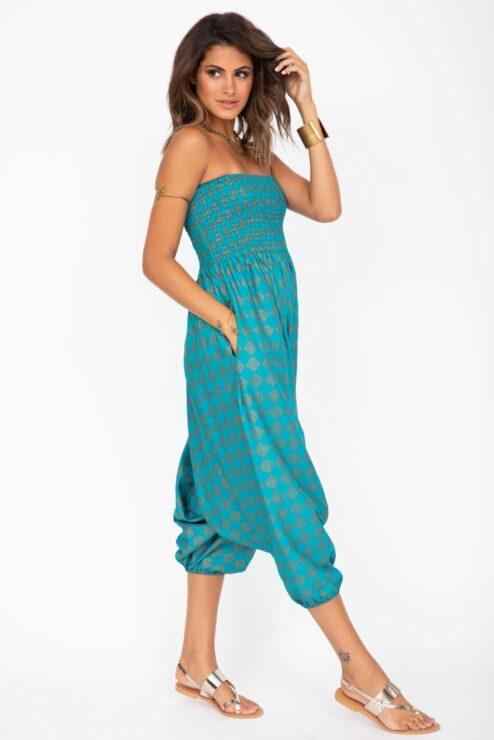2 in 1 Harem Trousers and Bandeau Jumpsuit Turquoise and Gold Applique