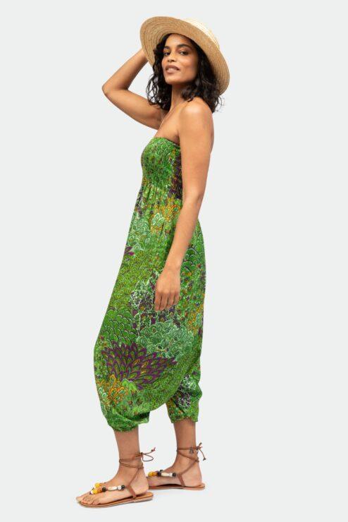 2 in 1 Harem Trousers/Bandeau Jumpsuit in Green Peacock Print