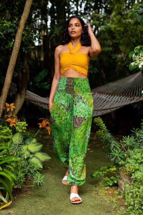 2 in 1 Harem Trousers/Bandeau Jumpsuit in Green Peacock Print