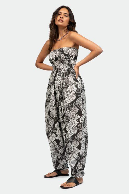 2 in 1 Maxi Harem Pants and Jumpsuit in Leaves Print