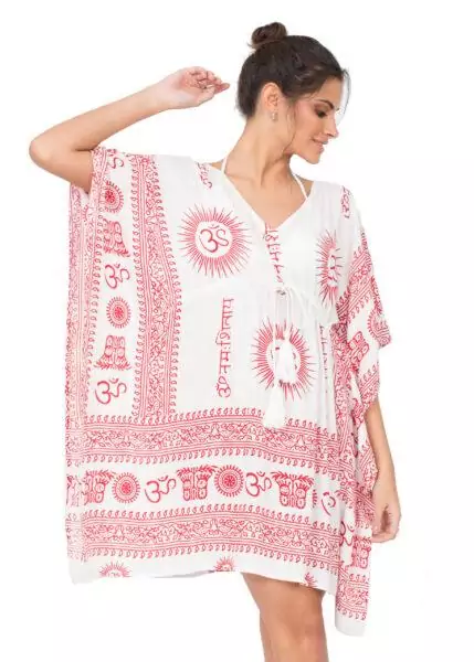 Beach Cover Up Kaftan in Ohm Print White