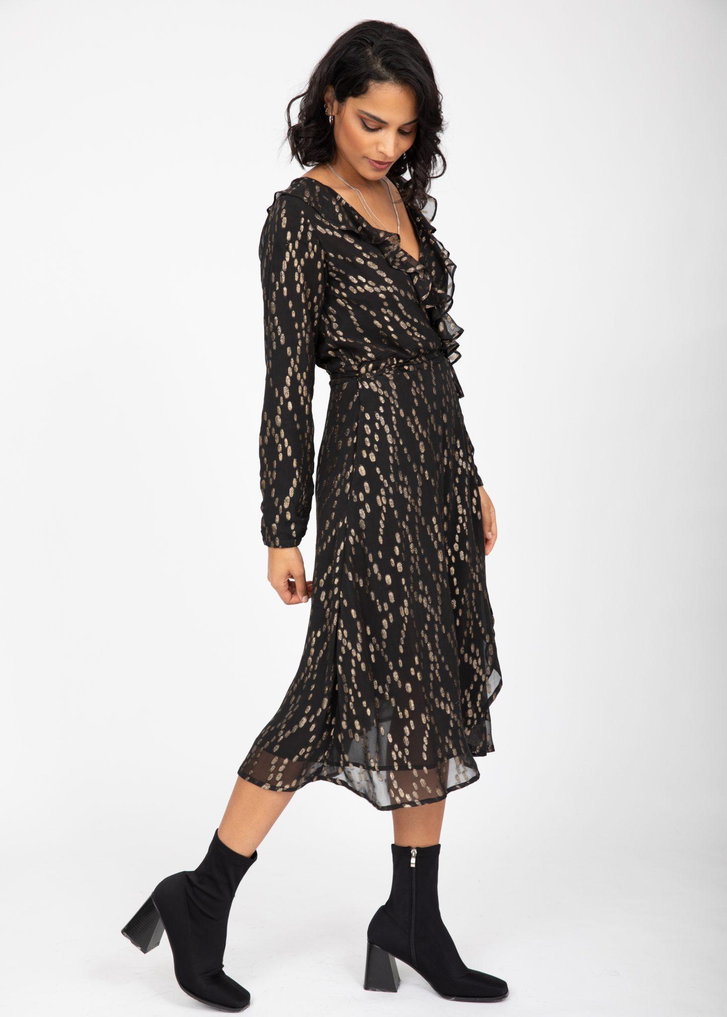 Black and Gold Ruffle Midi Wrap Dress With Long Sleeves – likemary