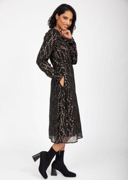 Black and Gold Ruffle Midi Wrap Dress With Long Sleeves