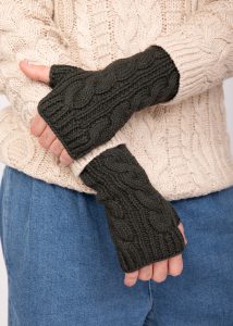 Cable Knitted Fingerless Gloves for Men 100% Merino Wool - Camo