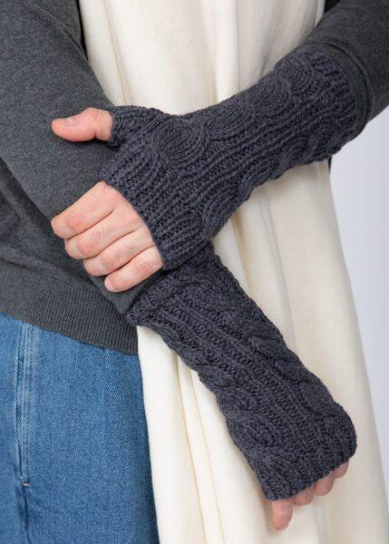 Cable Knitted Fingerless Gloves for Men 100% Merino Wool - Grey