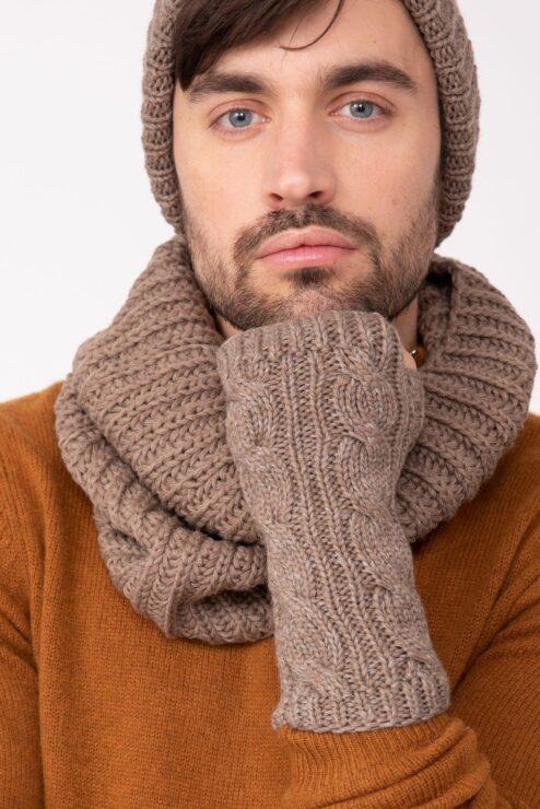 Cable Knitted Fingerless Gloves for Men 100% Merino Wool - Mocha
