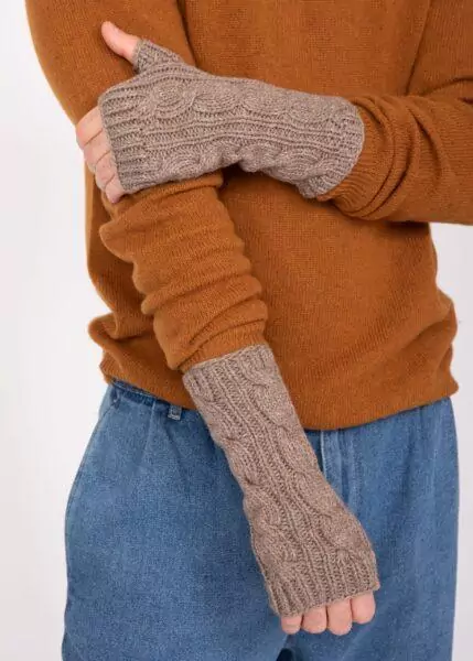 Cable Knitted Fingerless Gloves for Men 100% Merino Wool - Mocha