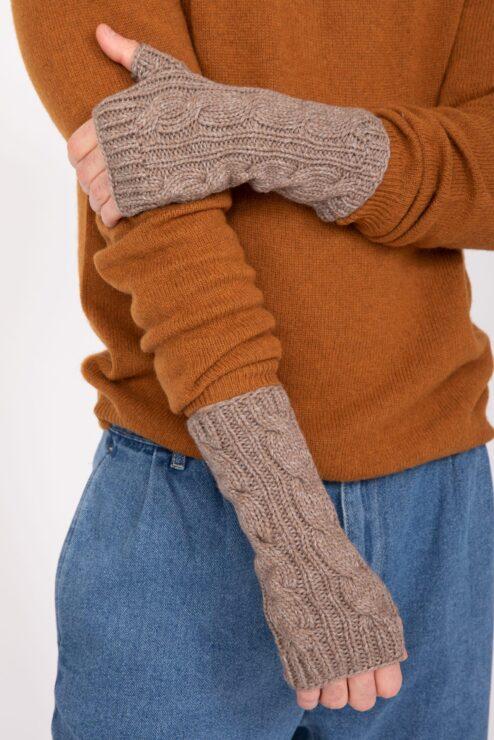Cable Knitted Fingerless Gloves for Men 100% Merino Wool - Mocha
