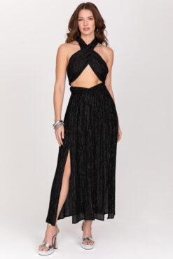 Convertible Maxi Dress with Side Slits & Lurex Stripes in Black
