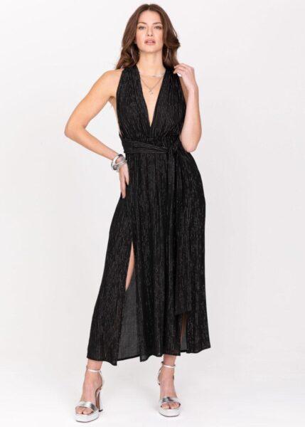 Convertible Maxi Dress with Side Slits & Lurex Stripes in Black