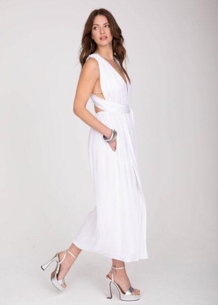 Convertible Maxi Dress with Side Slits & Lurex Stripes in White