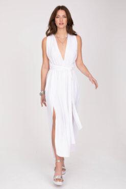 Convertible Maxi Dress with Side Slits & Lurex Stripes in White