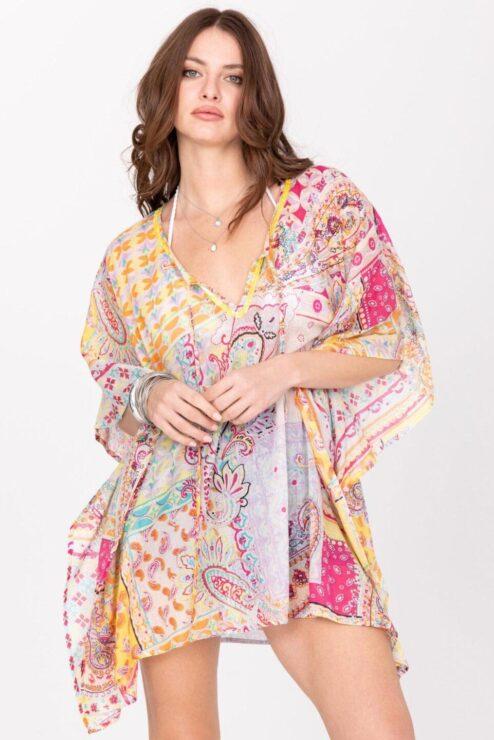 Cotton Beach Kaftan Cover Up in Multi Paisely Print with Sequins