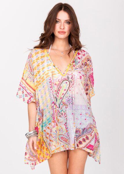 Cotton Beach Kaftan Cover Up in Multi Paisely Print with Sequins