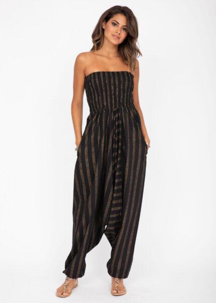 Cotton Printed 2 in 1 Maxi Harem Trouser & Bandeau Jumpsuit Black and Gold Stripes