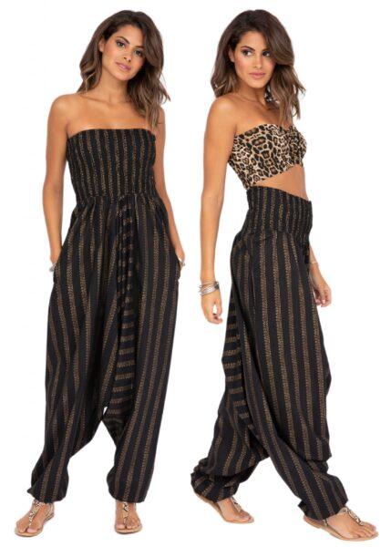 Cotton Printed 2 in 1 Maxi Harem Trouser & Bandeau Jumpsuit Black and Gold Stripes