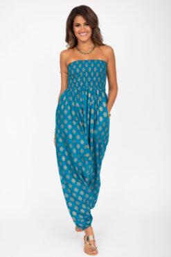 Cotton Printed 2 in 1 Maxi Harem Trouser & Bandeau Jumpsuit Turquoise Gold Print