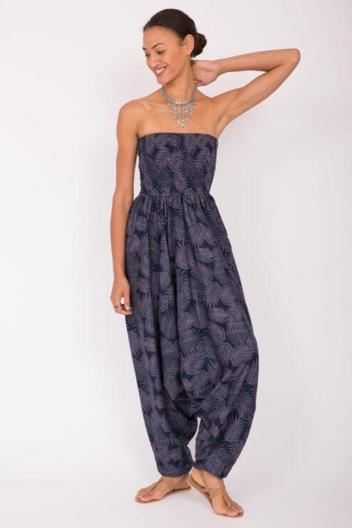 Cotton Printed 2 in 1 Maxi Harem Trouser & Jumpsuit Blue Leaves