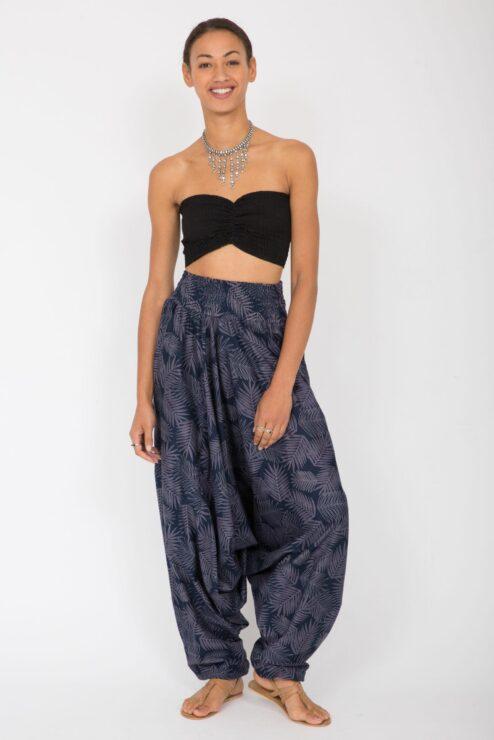Cotton Printed 2 in 1 Maxi Harem Trouser & Jumpsuit Blue Leaves