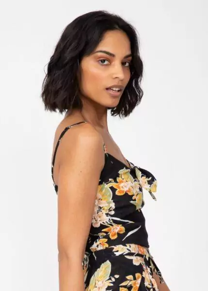 Crop Top Cami Front Tie Keyhole in Floral Black