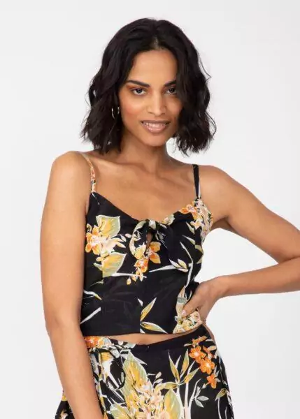 Crop Top Cami Front Tie Keyhole in Floral Black