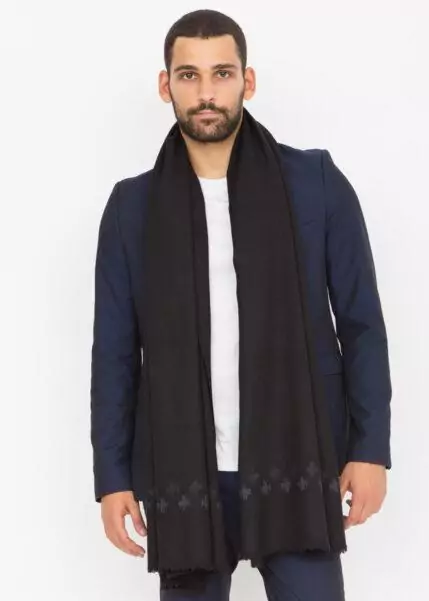 Handwoven Merino Wool Oversize Scarf in Black with Cross Motif - Image 7