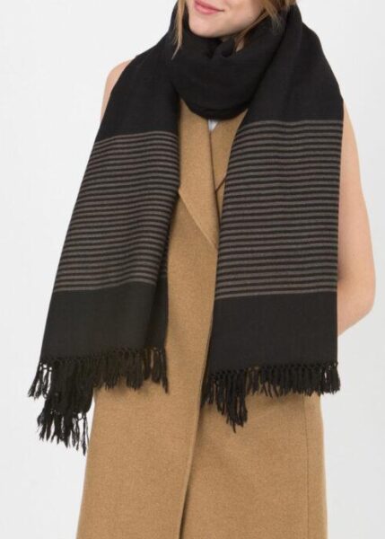 100 x 200 cm likemary black blanket scarf with bordered stripes and artisanal hand-knotted fringe