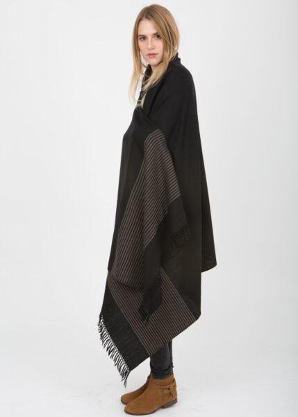 oversize 100 x 200 cm black merino wool scarf with border stripes and hand-knotted fringing, large enough to wrap around the entire body