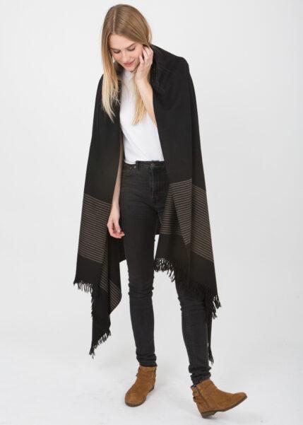 luxurious oversized black merino wool scarf with striped border and hand-knotted fringes, ethically handmade