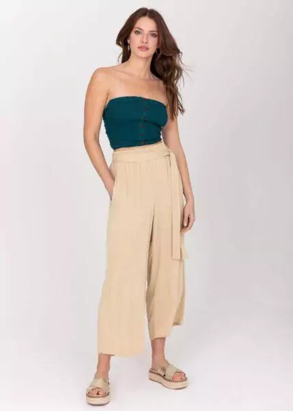 Culotte Crop Summer Trousers Crinkle Bisucuit Beige