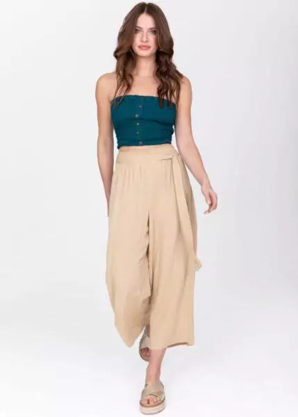 Culotte Crop Summer Trousers Crinkle Bisucuit Beige