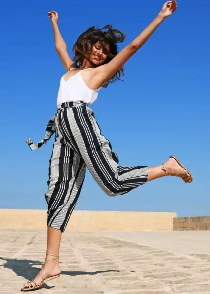 Culotte Crop Summer Trousers Crinkle Stripes