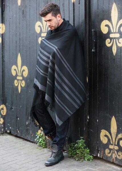 Twill Handwoven Merino Shawl and Oversize Scarf with Stripes 100 X 200cm Black