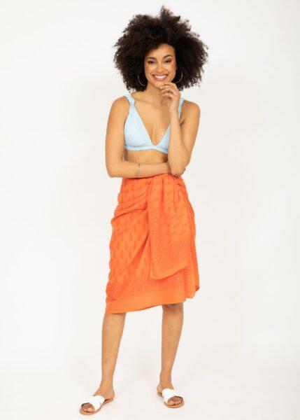 Feathers Block Print Orange Cotton Sarong