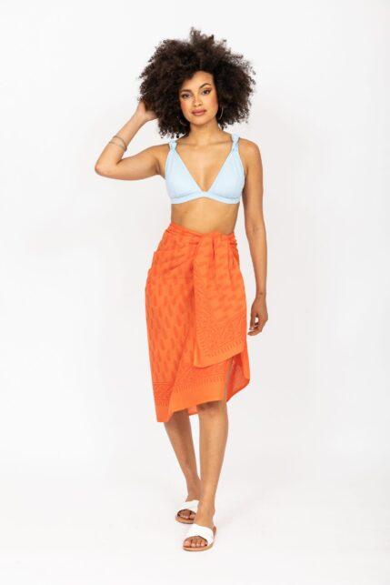 Feathers Block Print Orange Cotton Sarong