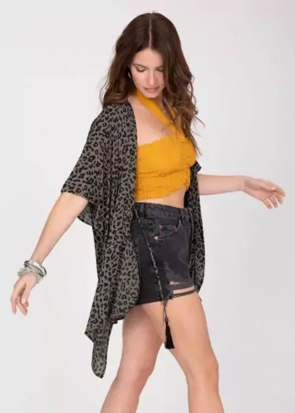 Floaty Kimono Cover Up in Green Leopard Print