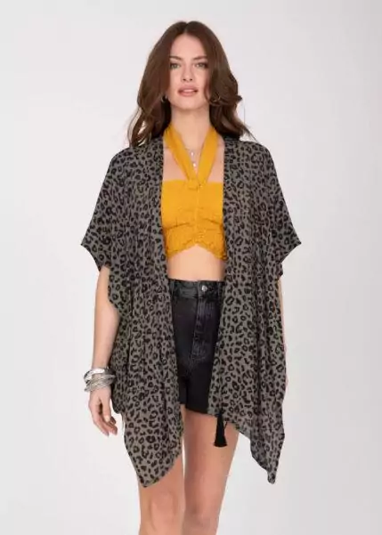 Floaty Kimono Cover Up in Green Leopard Print