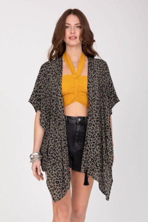Floaty Kimono Cover Up in Green Leopard Print