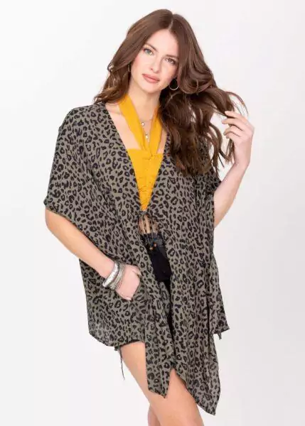 Floaty Kimono Cover Up in Green Leopard Print