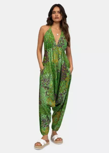 Halter Harem Jumpsuit Peacock Print Green