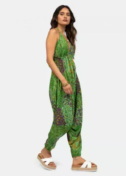 Halter Harem Jumpsuit Peacock Print Green