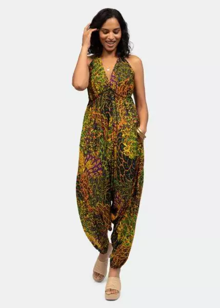 Halter Harem Jumpsuit Peacock Print Navy & Yellow