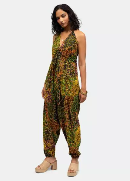 Halter Harem Jumpsuit Peacock Print Navy & Yellow