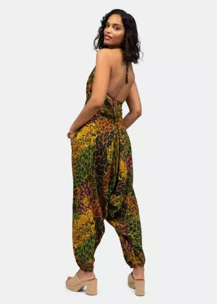 Halter Harem Jumpsuit Peacock Print Navy & Yellow