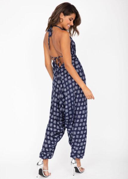 Halter Harem Romper Jumpsuit Blue Floral Mandala