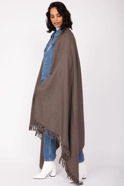 Houndstooth Handwoven 100% Merino Wool Throw and Oversize Blanket Scarf Mocha Brown