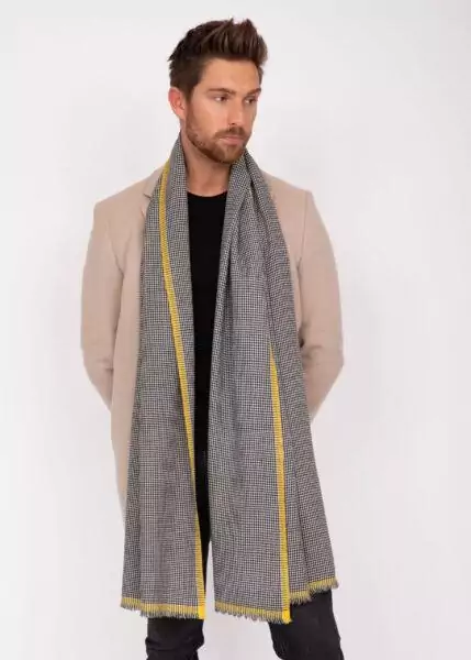 Houndstooth Merino Handwoven Men's Oversize Scarf 75 X 200cm with Inca Yellow