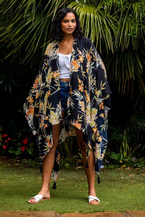 Kimono and Scarf with Tassels and Shells in Floral Print