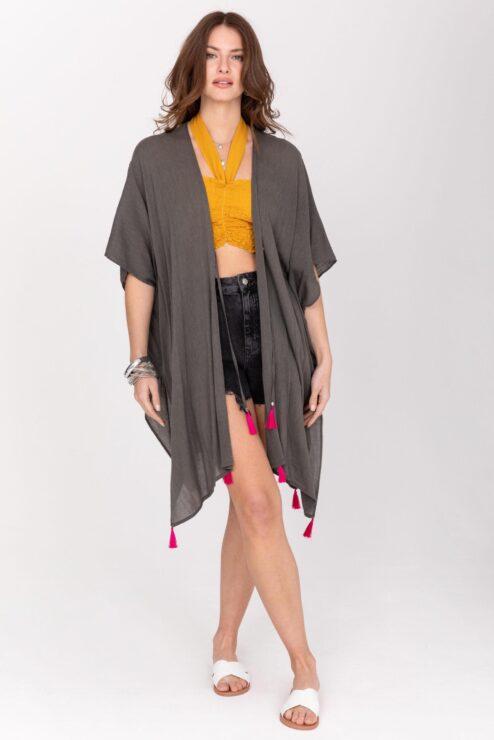 Kimono Beach Cover Up in Grey with Hot Pink Tassels