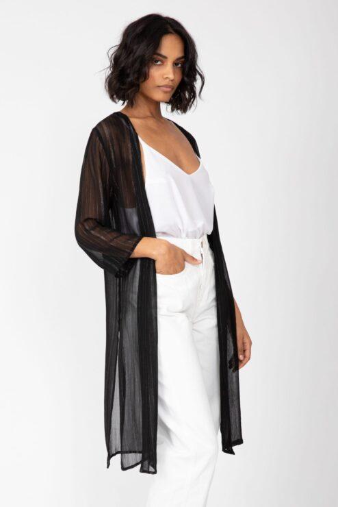 Kimono Cover Up in Sheer Black with Silver Sparkle